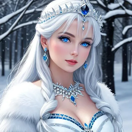 Prompt: Snow queen, wearing sapphire jewelry , blue eyes