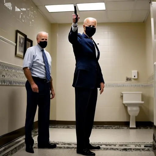 Prompt: Joe biden pointing a gun at his head in a washroom
