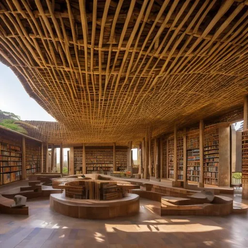 Prompt: An architectural building of a library with African inspirational design, and sustainable