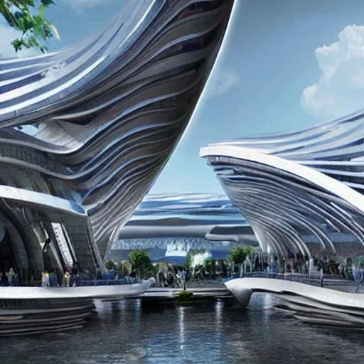 Prompt: Futuristic zaha hadid style architectural plaza next to river