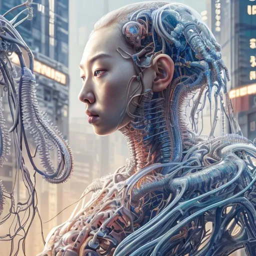 Prompt: "young asian woman, iris van herpen, beautiful face, perfect symmetrical body, full body shot, inflateble shapes, wires, tubes, veins, jellyfish, white biomechanical details, wearing epic bionic cyborg implants, masterpiece, intricate, biopunk, vogue, highly detailed, artstation, concept art, cyberpunk, octane render"