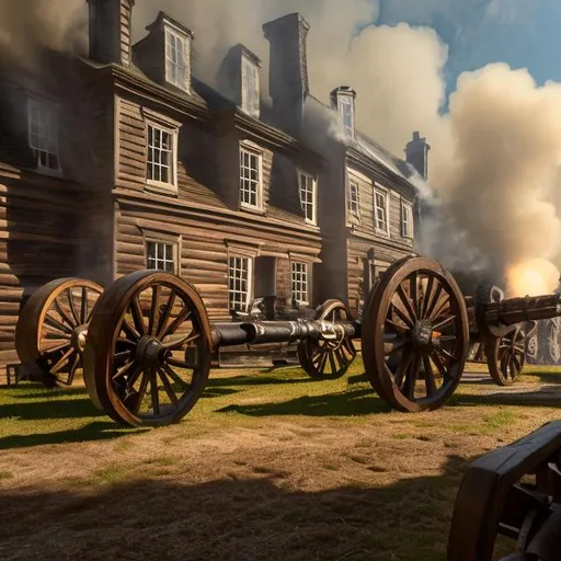 Prompt: Cannon war fire Big dark wood big buildings with road in the 1700s wooden carriges high resolution 4k