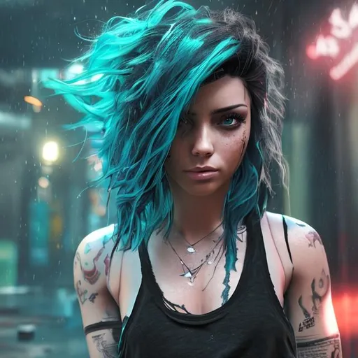 Prompt: megan rain with turquoise hair wearing ripped jeans and a black tank top, epic full body portrait, ultra realistic, extremely detailed, ultra-realistic, soft shadows, 8K, octane render, unreal engine 5, cinematic, sharp focus, artstation, cgsociey, photo-realistic, cinematic lighting, no digital painting, dramatic lighting, volumetric lighting, high reflection, hdr