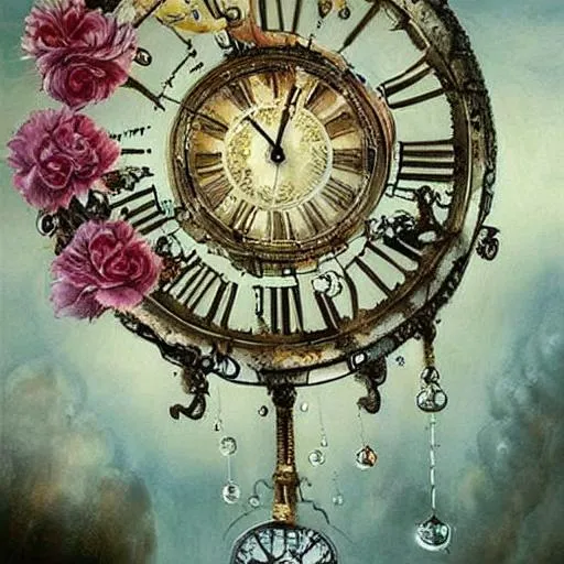 Prompt: realistic painted still life beautiful flowers by ambrosius bosschaet!!!!!, floating in the sky, spiral winding staircase, castle, nicoletta ceccoli art, daniel merriam art, jennifer healey art, fantasy art, renaissance gown, cracked clock floating in sky, beautiful symmetrical clock faces, iridescent water drops, crystal chandelier drops, glitter sparkles, symmetrical steampunk, daniel merriam architecture art, fantasy steampunk, muted colors, fairy wings, hyper realistic flower bouquet painting,  soft shadows, stunning, dreamy, elegant, perfect face, sparkles, Beautiful goddess, Haute Couture, princess dress, joseph karl steiler art, architecture illustrations 1800s, garden of roses and peonies background, ultra detailed, soft lighting, infinite depth, incredibly detailed, ultra realistic, high index of refraction, hyper realistic elegant smooth sharp clear edges, sharp focus, wide angle perspective, ultra realistic, sense of high spirits, volumetric lighting, occlusion, Unreal Engine 5 128K UHD Octane, fractal, pi, fBm