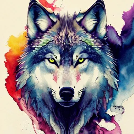Prompt: wolf, Portrait: colorful ink flow: 8k resolution photorealistic masterpiece: Aaron Horkey and Jeremy Mann: intricately detailed fluid gouache painting: by Jean Baptiste Mongue: calligraphy: acrylic: watercolor art, professional photography, natural lighting, volumetric lighting maximalist photoillustration: by marton bobzert: 8k resolution concept art intricately detailed, complex, elegant, expansive, fantastical