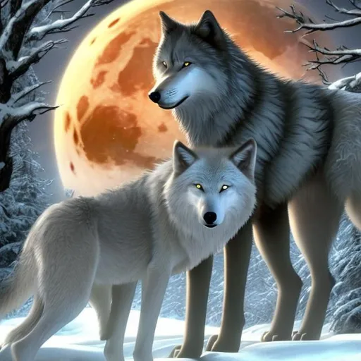 Prompt: a beautiful white male wolf, with his fur accented with gold and reds in the moonlight, standing with his male mate, a slim black wolf accents with gold, red, and baby blues surrounded by forest with the blood red moon peeking through the leaves