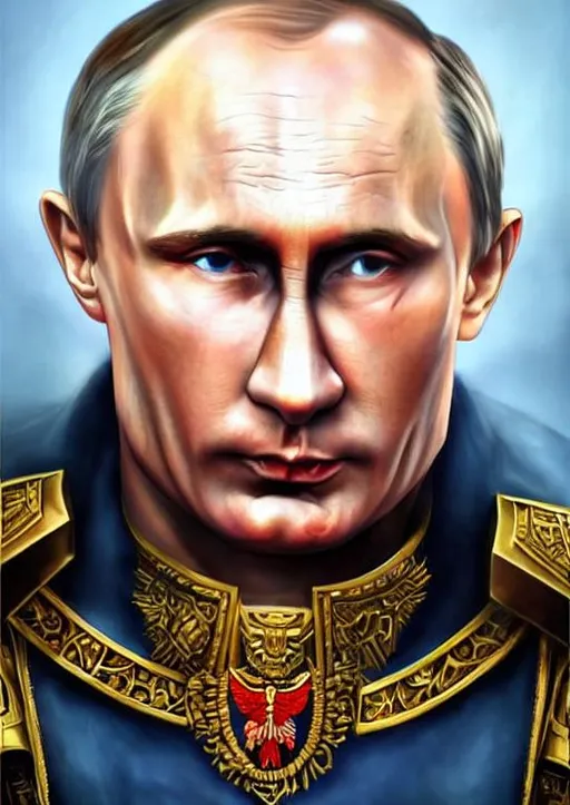 Prompt: full body fantasy detailed illustration Vladimir Putin, warhammer 40k, warrior emperor, ornate, majestic, prestige, brilliant, angelic