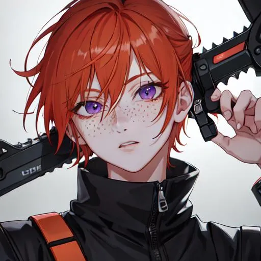 Prompt: Erikku male adult (short ginger hair, freckles, right eye blue left eye purple) UHD, 8K, Highly detailed, insane detail, best quality, high quality, using a chainsaw
