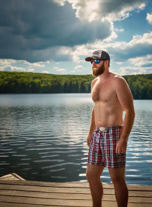 Prompt: long shot scenic professional photograph of country guy with baseball cap in his boxer briefs.  It's a beautiful summer day at his lake house in the  northeastern United States.  Perfect viewpoint, highly detailed, wide-angle lens, hyper realistic, with dramatic sky, polarizing filter, natural lighting, vivid colors, everything in sharp focus, HDR, UHD, 64K.