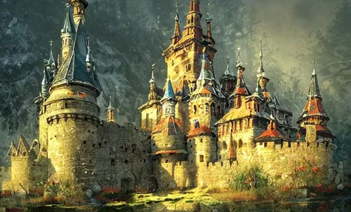 Prompt: slavic fairy tale castle, russian fairy tale, mistery, old russian castle, painting, illustration, Craig Mullins,  realistic shadows, establishing shot, extremely high detail, artstation, russian folk, mistical, village, dramatic light