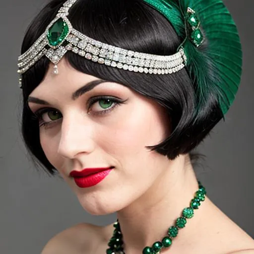 Prompt: 1920s Flapper with a Emerald diamond green headpiece with black hair 
