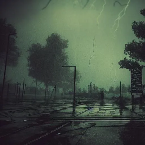 Prompt: sorrow, dystopian, rain, trees, ruin, landscape, storm, neon ambiance, crowds, post-apocalyptic, light, waiting, depth of field, perspective, gothic