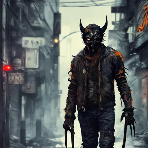 Prompt: Redesigned Gritty Very dark navy blue, gold and burnt orange evil phantom-wolverine. Injured. Bloody. Hurt. Damaged mask. Accurate. realistic. evil eyes. Slow exposure. Detailed. Dirty. Dark and gritty. Post-apocalyptic Neo Tokyo. Futuristic. Shadows. Sinister. Armed. Fanatic. Intense. 