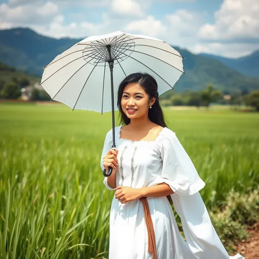 Prompt: filipina woman, morena skin color, black hair, wearing an all white Filipiniana Terno. Walking beside a rice field in the province with mountain view beckground, holding an umbrella on a sunny day.