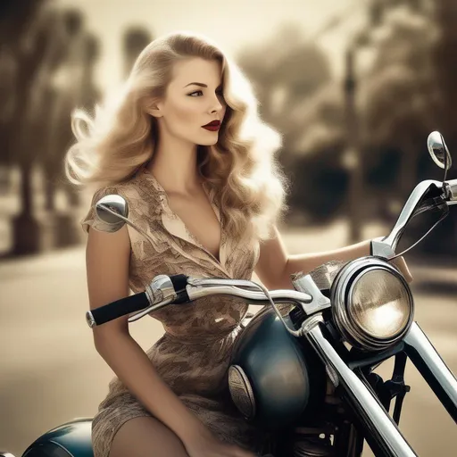 Prompt: Create a vintage photograph 1940s style ultra Intricate detailed "Girl Next Door Look", attractive young woman pinup girl with long flowing blonde hair, riding a motorcycle. Wearing an iron collar in a sun dress. Professional Photo Realistic Image, RAW, artstation, splash style dark fractal paint, contour, hyper detailed, intricately detailed, unreal engine, fantastical, intricate detail, steam screen, complementary colors, fantasy concept art, 8k resolution, deviantart masterpiece, splash arts, ultra details Ultra realistic, hi res, UHD, 64k, 3D rendering.