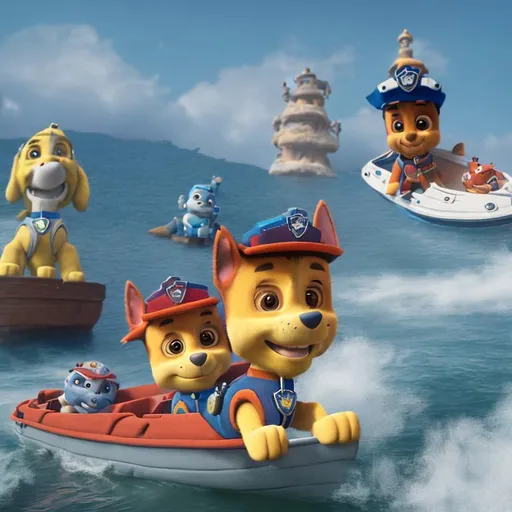 Prompt: image of paw patrol with in a boat, ocean and fish, beams of neon rays, ai render, smoke, stylized in clay 