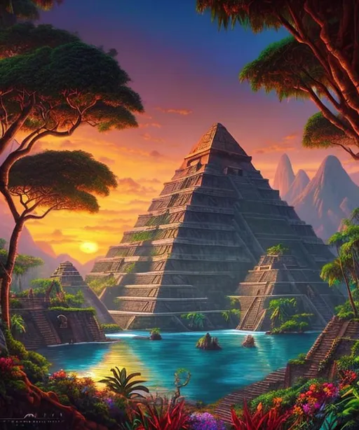 Prompt: A hidden Aztec pyramid in a tropical mountain valley, river, a red sunset, valley, giant trees, waterfall, + dreamy natural colors, painting by michealangelo, dreamy colors, intricate details + diffused light + fantasy painting + surrealistic + ultra realistic + unreal engine

