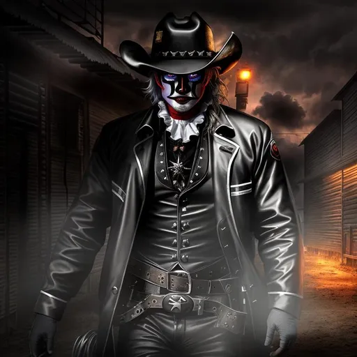 Prompt: Dark, Brooding, Ominous, 3D HD Heroic Dusty Cowboy {God}Male dressed as clown, hyper realistic, 4K expansive rodeo background --s99500