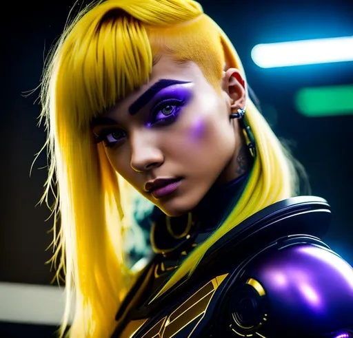 Prompt:  girl with Yellow hair and Cyborg , in the style of futuristic, face tattoo, violet and bronze backdrops, robotic boy, photorealistic costumes, schlieren photography, steanpunk, close-up, Hair, hairstyle to the side, oval face, weight 57kg, height 1.66, 22 years old close-up back view half body, perfect body,  wearing yellow rain jacket and denim shorts in a steanpunk city, hyper realistic details, cinematic lighting, 3d, 8k
