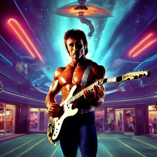 Prompt: Bodybuilding dennis hopper, playing guitar for tips in a busy alien mall, widescreen, infinity vanishing point, galaxy background