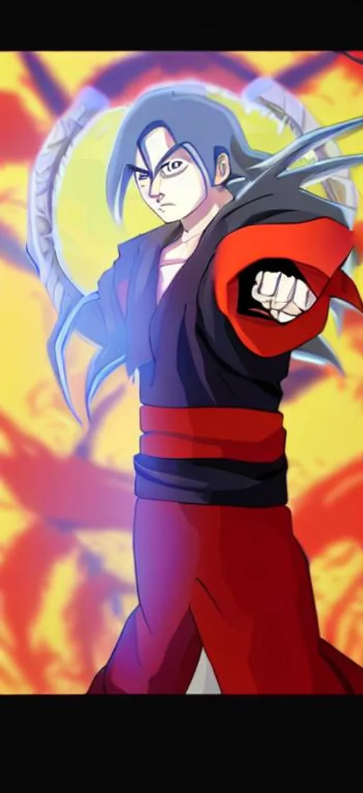 Prompt: fusion between itachi uchiha and goku