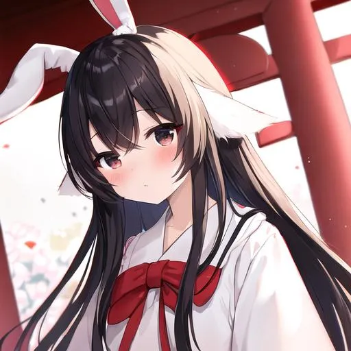 Prompt: (masterpiece, best quality:1.2), illustration, absurdres, highres, extremely detailed, 1 petite girl, (black long hair), (white bunny ears), black eyes, eye highlights, red and white (shrine maiden outfit), upper body, depth of field, (:d:0.8), chromatic aberration abuse, pastel color, Depth of field, blue tint,(blue fog:1.3), ice cage, fluttering crystal