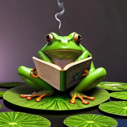 Prompt: Amazing detailed large anthropomorphic frog sitting on a lilypad, dressed in a robe, smoking a cigarette, reading a book, fantasy, magical, volumetric lighting, 3d render, cel shaded, masterpiece, funny