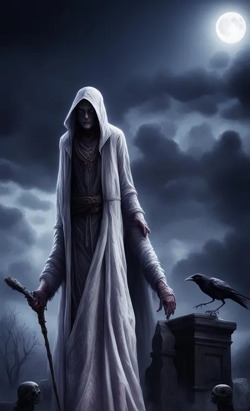 Prompt: anthropomorphic, death with raven skull as a head stareing out over a graveyard, realistic, human proportions, glowing purple eyes, dark room, white colors, dark magic, long robe, magic staff, medieval, high definition, professional, fog, smoke, professional, 4K. HD, High RES