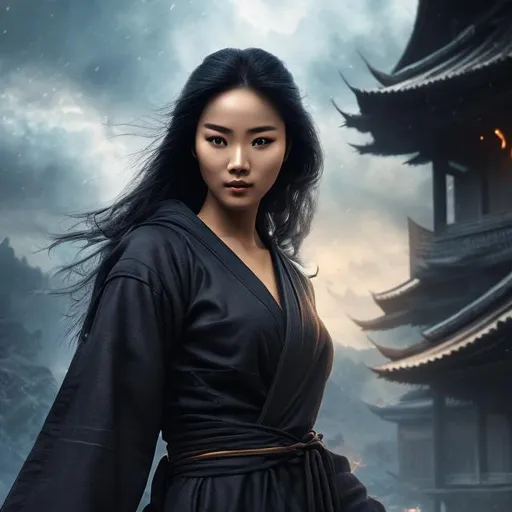 Prompt: create best quality photograph of beautiful female ninja who is wearing dark matta ninja style robes,  night time and beautiful sky as background, detailed face, extremely detailed environment, extremely detailed background, extremely detailed skin, extremely detailed clothing, natural colors , professionally color graded, photorealism, 8k, realistic, moody lighting, galactic environment, volumetric lighting