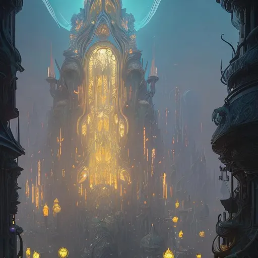 Prompt: extreme long shot concept art depicted art nouveau fantasy city, holy temple, light fantasy, arcanepunk, arcane yellow and silver glow, dark ambiance, art by Cédric Peyravernay and Jules Lavirotte