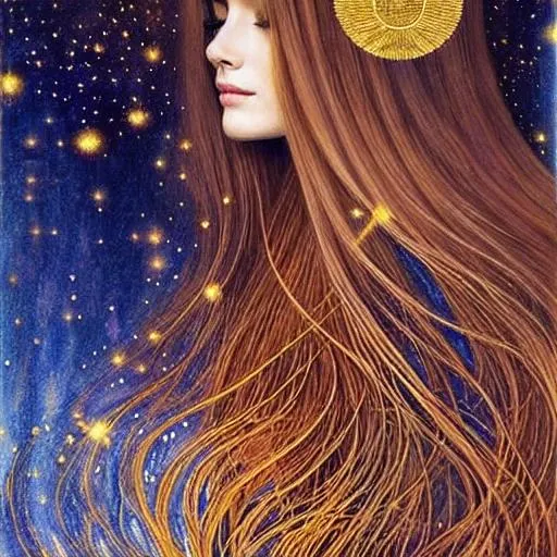 Prompt: Face Within frame, Drawing of {beautiful women} with {brown} hair, a halo above her head and with a cute face, {night sky}, perfect composition, hyperrealistic, super detailed, high quality, trending art, sharp focus, painting, intricate details, highly detailed, style Gustaf klimt and tsutomu nihei