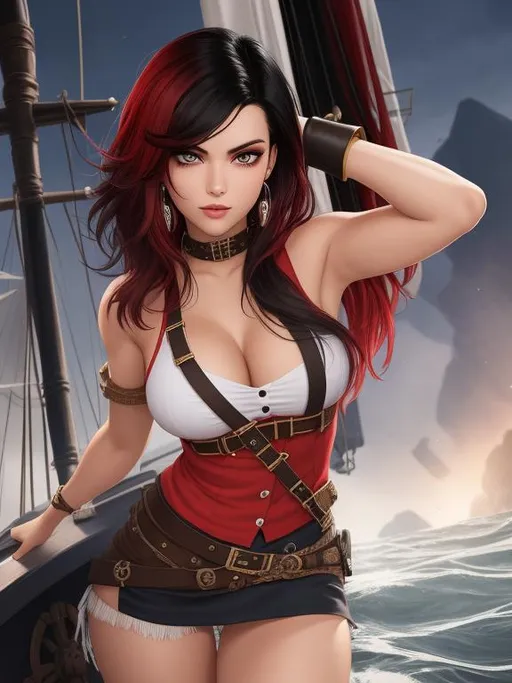 Prompt: ombre red-black hair, pirate captain, girl, solo, daunting, intimidating, serious, cruel, mole under eye, ship deck, bodacious, mole on body, fullbody, ((full body)) {{good looking}} {{cute}} {{good body}} {{tight}}, symmetrically colored hair, {{shadows}},
