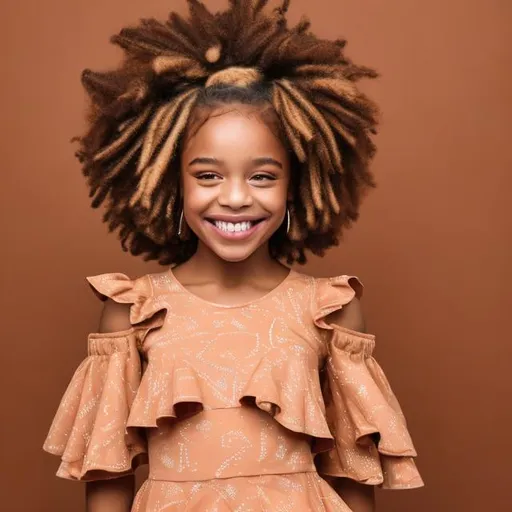 Prompt: Caramel coloured healthy smiling princess with dreadlocks and pink cold shoulder peplum dress