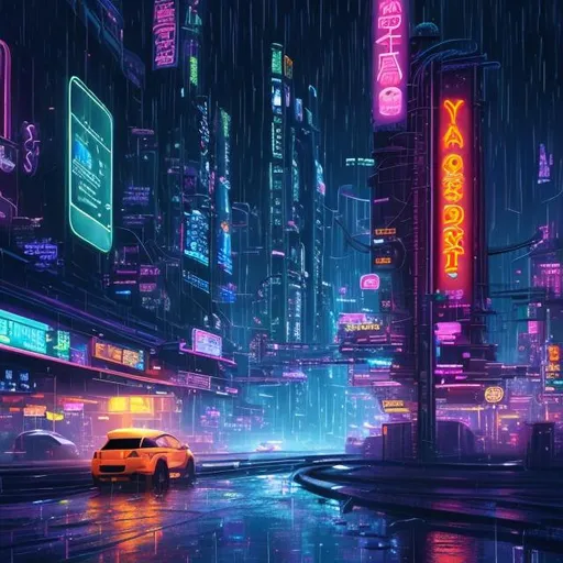 Prompt: Pooh in a futuristic city billboards neon  heavy rain night dark