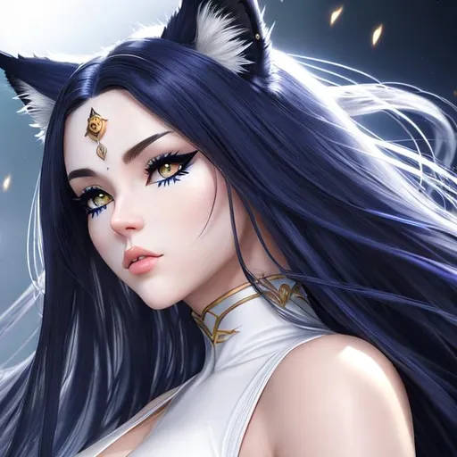 Prompt: A female neko in fighting pose, intricate facial detail, hyperrealistic full body pose, hyperrealistic ethereal, dark blue and long hair, white lynx ears, sharp jaw, hyperrealistic golden cat eyes , hyperrealistic human nose, hyperrealistic lips, ethereal, divine, hyperrealistic face, hyperrealistic pale skin, intricate eye detail, pale skin, (dark blue latex outfit), fringeless, forehead showing, highly detailed concept art, high resolution scan, hd octane render, intricate detailed, highly detailed face, unreal engine, trending on artstation, UHD, 8k, Very detailed