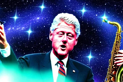 Prompt: Detailed president ((Bill Clinton)) holding and playing the (saxophone) (trippy) cool aesthetic (vaporwave) (wallpaper) from 1992 with a galaxy background