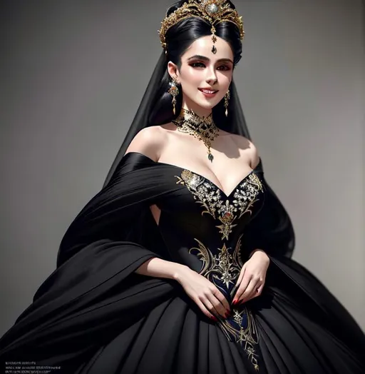 Prompt: Full length portrait, gorgeous 23-year-old woman, in a flowing black silk ballgown, adorned in diamonds, stunning, smiling, clean face, showing in 4k format, intricate work of magical art, almost ethereal, in cgsociety trends, complex, epic, from Ilya Repin, very detailed bright, staged rendering of the character, super high quality model, beautiful face, flowing long locks, slight smirk on her lips, background in style bokeh
