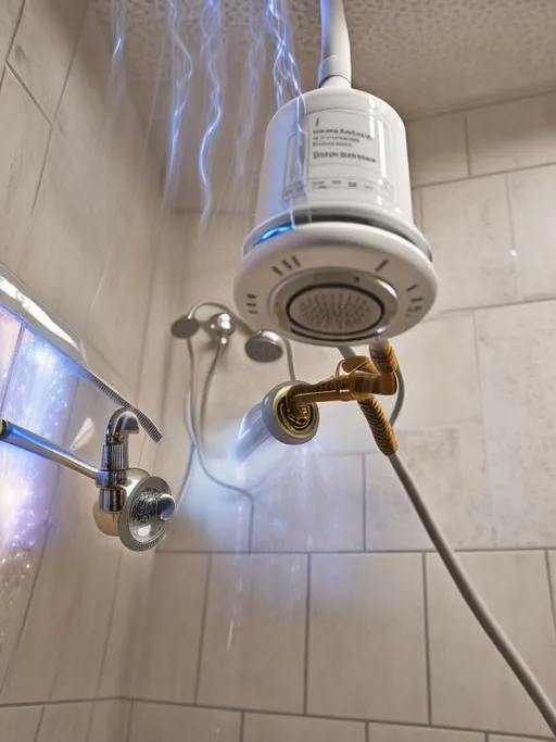 Prompt: Shower head, electric, exposed wires, sparks, short circuit, fire, smoke, danger, hyperrealistic.