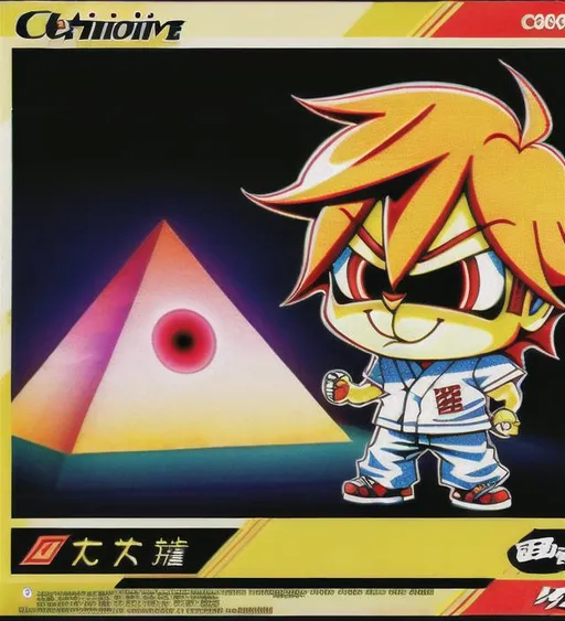 Prompt: cool, character boy mascot, chibi, advertisement, scan lines, retro, tokyo, 80s Illuminati, pyramid eye,