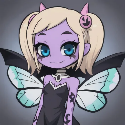 Prompt: Monster high, Bonita Femur, pink skin, blonde hair, blue eyes, moth wings, skeleton mothgirl, black dress