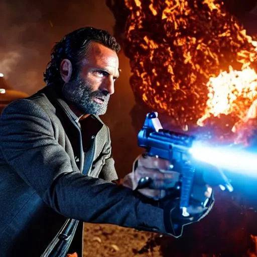 Prompt: Rick Grimes with a magnum revolver fighting Doomslayer in Hell