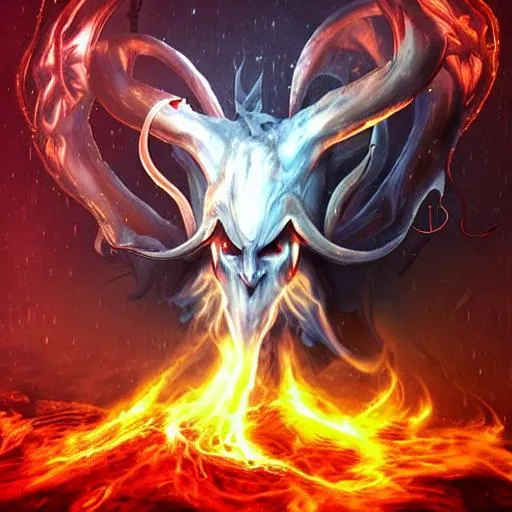 Prompt: White demon with horns melting in a fiery background, remix, fantasy, graphic