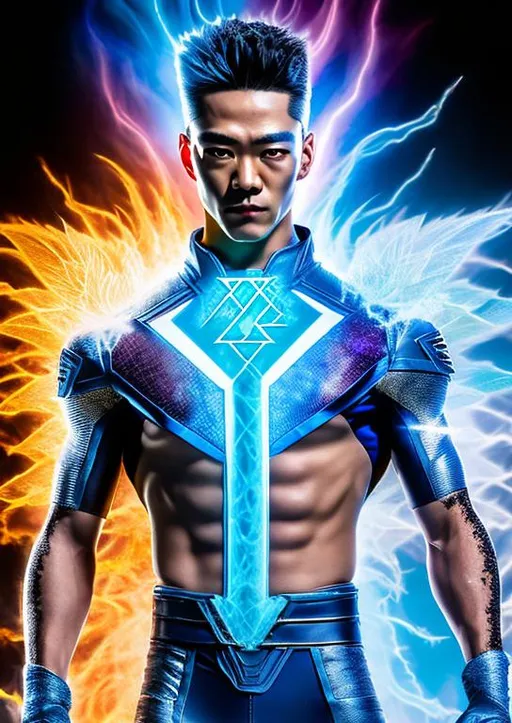 Prompt: High-resolution hyperrealistic photo of x-man iceman bobby drake merged with x-man sunfire shiro yoshida, burning ice form, uhd, hdr, 64k