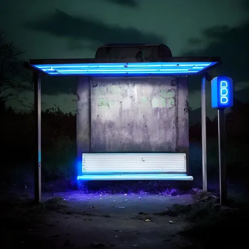 Prompt: abandoned bus stop with blue and led lights