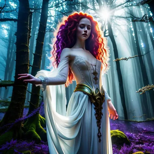 Prompt: Detailed fantasy 8k mystical light portrait of a witch with ivory clear skin, long curly redhead hair, deep purple eyes. Gorgeous hot body, she wears elegant aderent green dress, night light, forest, dramatic, charming pose, magical, fantasy,  high detailed, dramatic light