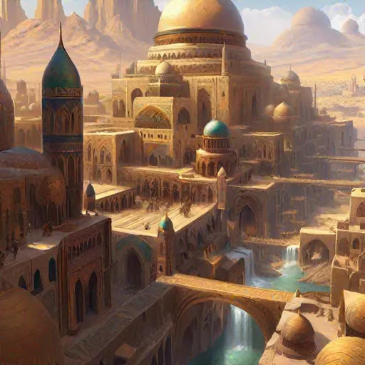 Prompt: A vast middle eastern scifi city with a great zigurrat in background. D&D art, RPG art. Fantasy Art. Pathfinder Art