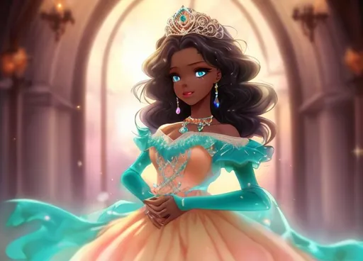 Prompt: Anime, Princess, Teal eyes, Apricot Ballgown, diamond earrings, Ebony skin, HD, 4k, High Quality, Effects, Perfect Render, Exact Copy, No Flaws, Perfect anatomy.