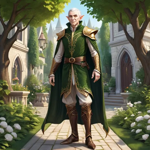 Prompt: Full body, Fantasy illustration of a elder elf gentlemen, handsome, wearing fancy medivial garment, inscrutable expression, high quality, rpg-fantasy, detailed, city garden background