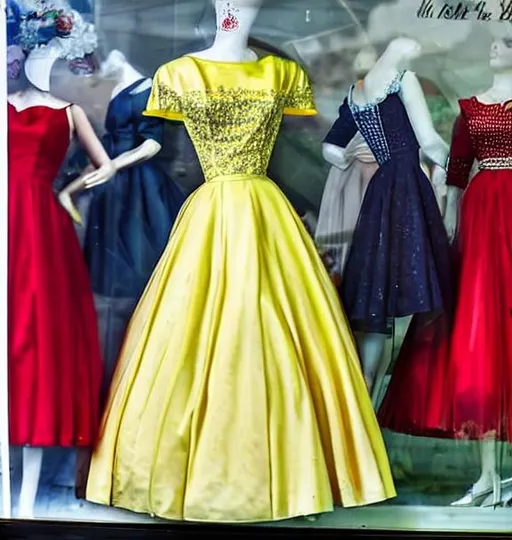 Prompt: photo of a traditional 1950's high school prom dress,  store window display 