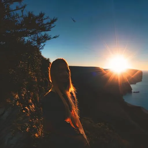 Prompt: woman standing on cliff, sunset, lens flare, tree, silhouette, beautiful scenery, landcape